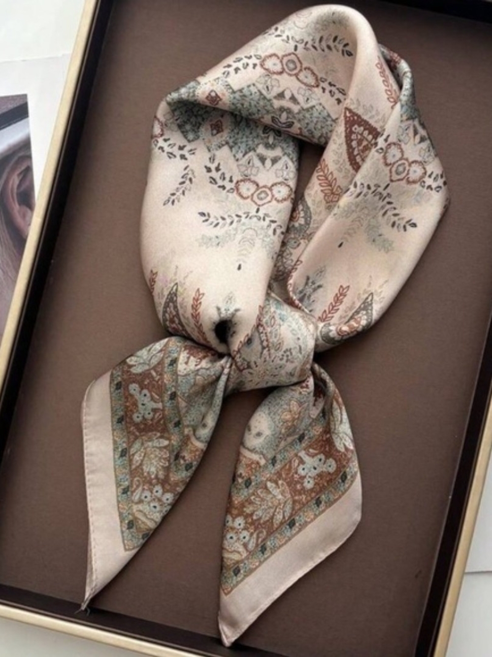 Elegant Anthropologie Paisley Silk Scarf in Creamy Beige Brown and Sage